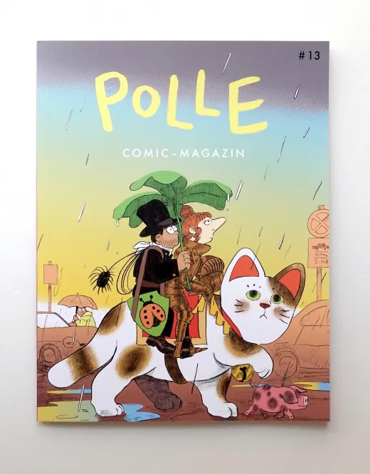 eine Glücksritterin und ein Schornsteinfeger reiten auf einer großen Glückskatze in einen aufziehenden Regen hinein. Als Regenschirm dient ihnen ein vierblättriges Kleeblatt